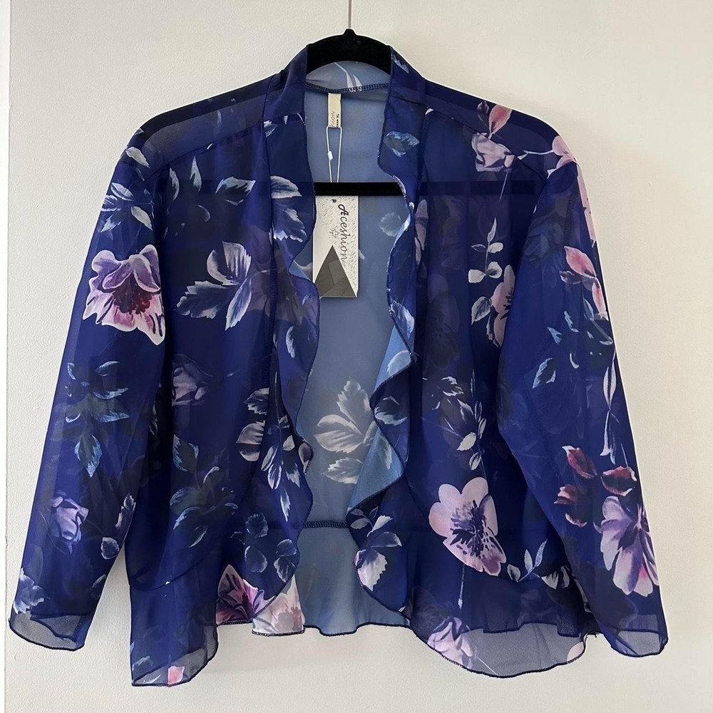 Aceshion Women XL Sheer Floral Chiffon Open Front Ruffle Cardigan Navy Blue NWT